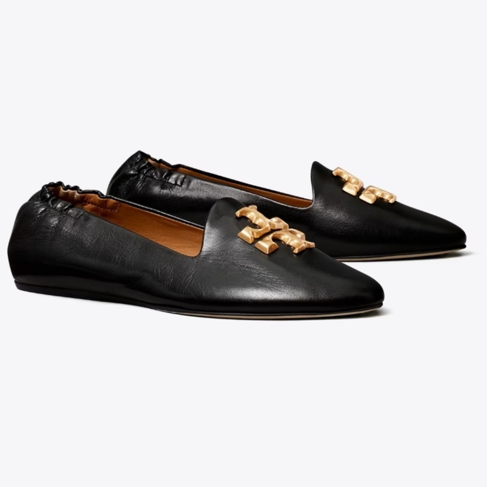 Tory Burch Eleanor Loafers Womens Sz 8/5 
Black Leather Gold Logo Classic